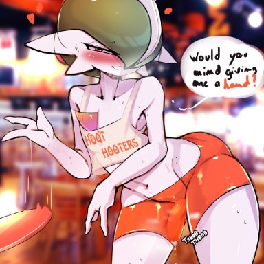 absurd res, ashraely, blush, bodily fluids, bulge, clothed, clothing, curvy figure, digital media (artwork), english text, femboy, femboy hooters, fingers, gallade, genital fluids