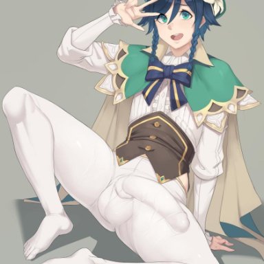 1boy, beret, big penis, blue hair, bulge, cape, erection under clothes, genshin impact, girly, green eyes, hung trap, leggings, male only, metal owl, peace sign