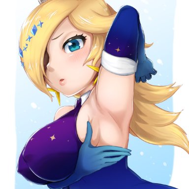 arm up, armpit, armpit fetish, armpits, big breasts, blade ride, blonde hair, blue eyes, blush, breasts, clothed, clothing, crown, dress, elbow gloves