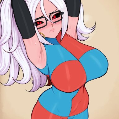 1girls, 3rd party edit, afrobull, android 21, big breasts, black sclera, dragon ball, dragon ball fighterz, dragon ball z, edit, female, female focus, female only, glasses, long hair