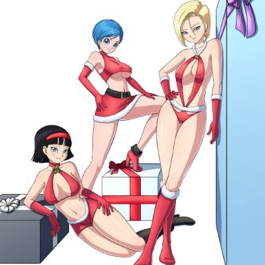 2016, 3girls, android, android 18, bare shoulders, bikini, black hair, black heels, blonde hair, blue eyes, blue hair, bulma briefs, christmas, christmas outfit, christmas present