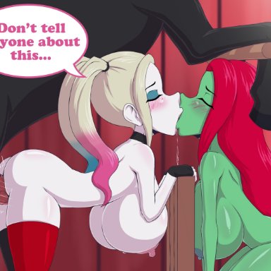 barn, begging, big breasts, bosomancer, closed eyes, french kiss, french kissing, harley quinn, harley quinn (series), horse, horsecock, nude, poison ivy, tongue kiss, zoophilia