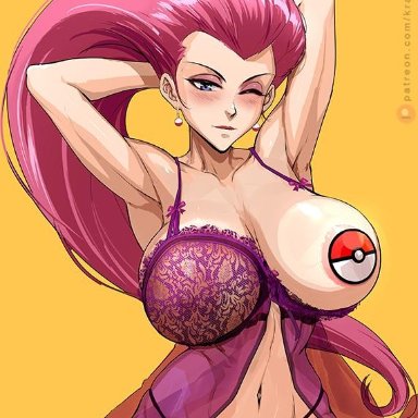 1girls, female, female only, huge breasts, jessie (pokemon), krabby (artist), looking at viewer, pasties, pokemon, pokemon rgby, solo, team rocket, thick thighs, wide hips