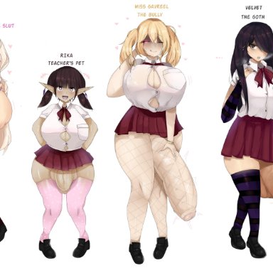 ..., 4futas, balls, bangs, big penis, bimbo, blue eyes, bottomless, bowtie, breasts, brown hair, buttons, character name, character sheet, cigarette