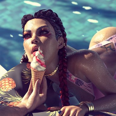 3d, apex legends, big ass, big breasts, bikini, black hair, blender, bra, brazilian, choker, earrings, green eyes, hydrafxx, ice cream, latina