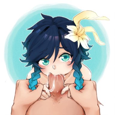 absurd res, blue hair, blush, braid, cum, cum in mouth, erection, fellatio, femboy, femboy on male, genshin impact, green eyes, hair pull, handlebars, hat