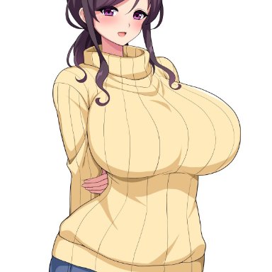 arms behind back, big breasts, blush, breasts, brunette, curvy, cute, gigantic breasts, haikome, happy, huge breasts, jeans, large breasts, pigtails, ponytail