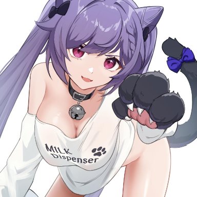 all fours, bottomless, breasts, cat ears, cat girl, cat tail, cleavage, ett, female, female only, genshin impact, keqing (genshin impact), large breasts, looking at viewer, milk