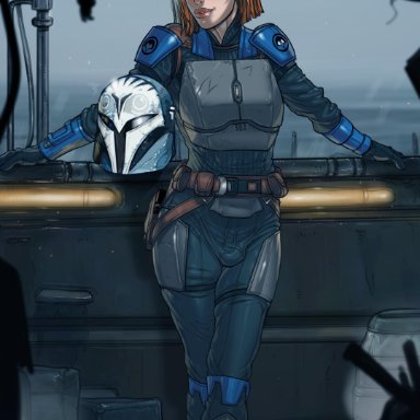 1futa, armor, blush, bo-katan kryze, bulge, clothed, clothing, detailed background, fully clothed, futa only, futanari, ganassa, human, orange hair, pale skin