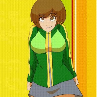 animated, bouncing breasts, breasts, flashing, ghostnerdy, looking at viewer, nipples, persona, persona 4, satonaka chie, shirt lift, short hair, sweater, tagme, titty drop