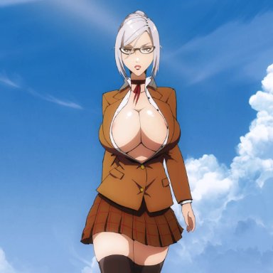 animated, bouncing breasts, cleavage, flou, glasses, huge breasts, open shirt, outdoor, prison school, school uniform, schoolgirl, shiraki meiko, short hair, walking, webm