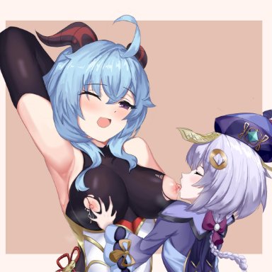 ;d, 2girls, absurdres, ahoge, areolae, arm up, armpits, blue hair, blush, bodysuit, bow, braid, braided ponytail, breast grab, breastfeeding