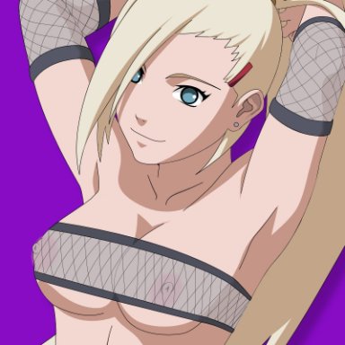 1girls, areolae, armpits, arms up, bangs, big breasts, blonde hair, blue eyes, breasts, cleavage, elbow pads, female, female only, hair over one eye, ino yamanaka