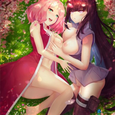 2girls, areolae, barefoot, big breasts, black hair, blush, boruto: naruto next generations, bottomless, breast grab, breasts outside, clothing, dress, facial mark, feet, female