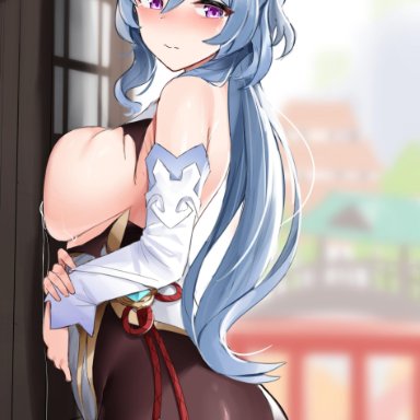against wall, blue hair, blush, breast press, breasts, female, female only, ganyu (genshin impact), genshin impact, goat horns, lactation, large breasts, looking at viewer, milk, shengtian