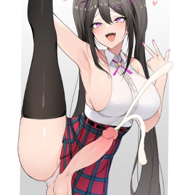 1futa, ahegao, big balls, big breasts, big dick, black hair, blush, cum, cumming, flexible, futanari, holding leg, miniskirt, no hands, penis under skirt