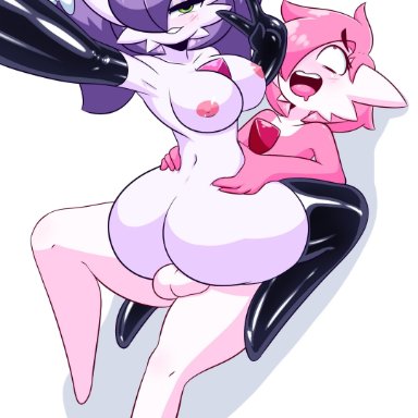 1boy, 1girl, ambiguous penetration, anthro, areolae, ass, balls, big ass, big breasts, cowgirl position, female, female penetrated, femboy, frowntown, gardevoir