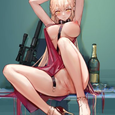 anus, bondage, breasts, cum, dress, feet, girls frontline, gun, heels, nipples, no bra, nopan, ots-12 (girls frontline), pussy, skirt lift