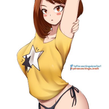 1girls, arms up, bangs, bikini, bikini bottom, blush, blush stickers, breasts, brown eyes, brown hair, clothing, dragon breath, female, female only, long hair