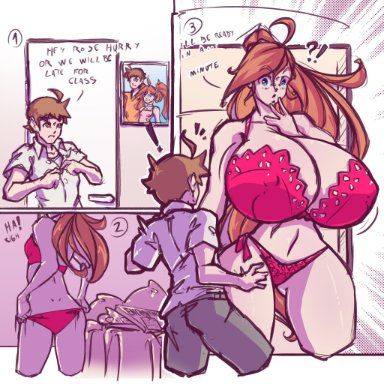 !, ?!, 1boy, 1girls, ass expansion, big ass, big breasts, bra, breast expansion, breasts bigger than head, color, comic, dialogue, giantess, growth