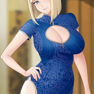 1girls, aslindsamure, big breasts, blue eyes, bob cut, bottomless, chinese clothes, cleavage, cleavage cutout, cutout, female, female only, hand on waist, long hair, naruto