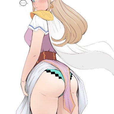 1girls, artist signature, ass, belt, blue eyes, blush, crown, dress, earrings, elf, female, green underwear, high resolution, huge ass, jewelry