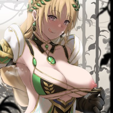 1girls, armor, armpits, bangs, bare shoulders, bikini, bikini pull, black gloves, blonde hair, blush, braid, braided ponytail, breasts, cleavage, closed mouth