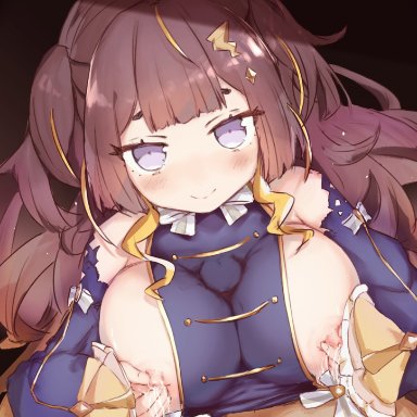 1boy, anya melfissa, bangs, bare shoulders, blush, breasts, brown hair, detached sleeves, female, hair ornament, highres, hololive, hololive indonesia, lactation, large breasts