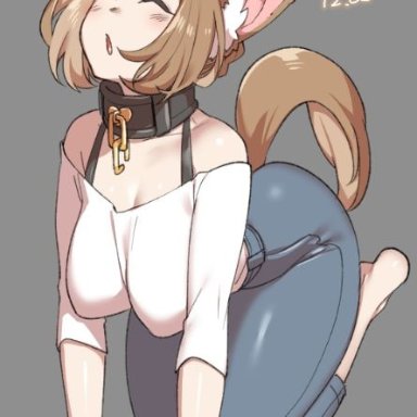 1girls, animal ears, anus, ass, bent over, big ass, big breasts, blush, bra, breasts, brown fur, brown hair, claws, closed eyes, clothing