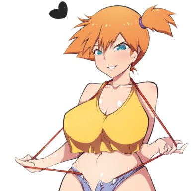 big breasts, dd (artist), green eyes, heart, huge breasts, kasumi (pokemon), large breasts, legs, misty (pokemon), nintendo, orange hair, pokemon, pokemon rgby, red hair, redhead