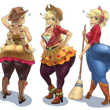 1girls, applejack (mlp), ass, big ass, big breasts, blonde hair, boots, bottom heavy, breasts, chigusa, eye contact, female, friendship is magic, green eyes, hat