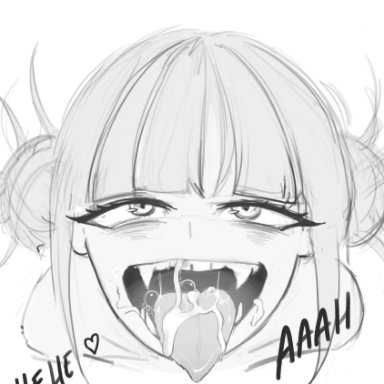 1girls, after fellatio, after sex, blush, cum, cum in mouth, cum inside, cum on tongue, cumshot, drooling, eye contact, himiko toga, huge cock, moneyshot, monochrome