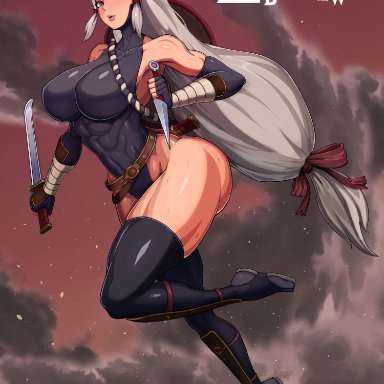 1girls, abs, belt, big ass, big breasts, brown eyes, clothed, female only, grey hair, hair ribbon, hyrule warriors: age of calamity, impa, impa (breath of the wild), kingbang, kunoichi