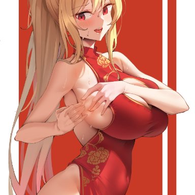 blonde hair, blush, breast squeeze, bursting breasts, cheongsam, dress, east asian clothing, fox ears, keyhole, open chest, qipao, red dress, red eyes, slender waist, sweat