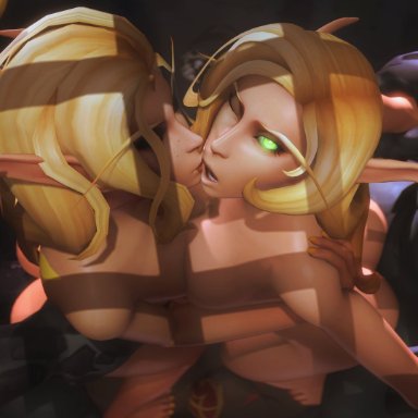 2020, ambrosine92, blizzard entertainment, blonde hair, blood elf, blood elf mage, breast press, breasts, elf, feet, green eyes, group, group sex, horde, kissing