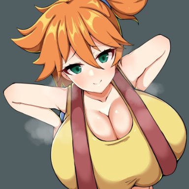 1girls, alternate breast size, big breasts, blush, duvet208, female, female only, female solo, gigantic breasts, green eyes, huge breasts, kasumi (pokemon), large breasts, nintendo, orange hair