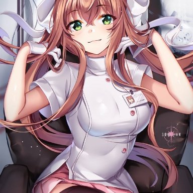 breasts, doki doki literature club, gloves, green eyes, monika, monika (doki doki literature club), nurse cap, nurse uniform, skirt, squ-chan, thighhighs