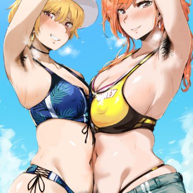 2020, 2girls, absurdres, arisugawa natsuha, armpit hair, armpits, artist name, artist signature, bikini, blonde hair, blue bikini, blush, breasts, brown eyes, clenched teeth