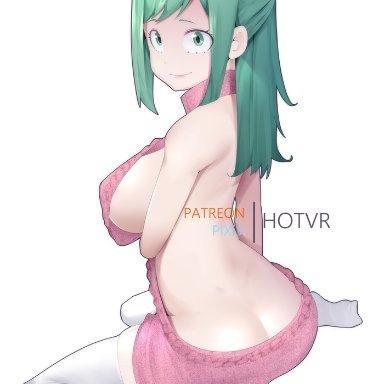 1girls, age regression, ass, backless, backless outfit, barefoot, big breasts, butt crack, female, female only, green eyes, green hair, hotvr, inko midoriya, kneeling