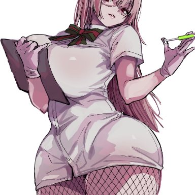 achumuchi, big breasts, clipboard, curvy, fate (series), fate/grand order, fishnets, florence nightingale (fate/grand order), florence nightingale santa (fate/grand order), glasses, huge breasts, long hair, looking at viewer, needle, nurse