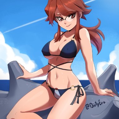 1girls, bikini, blue sky, breasts, cleavage, cloyster, dirtyero(artist), elite four, erect nipples, eyelashes, female, female only, glasses, large breasts, lipstick