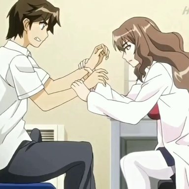 1boy, 1girls, 2d, 2d animation, animated, blowjob, blush, brown hair, cum in mouth, english subtitles, female ejaculation, genkaku cool na sensei ga aheboteochi!, indoors, long hair, mosaic censoring