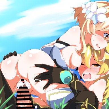 1boy, 1boy1girl, 1girls, aether (genshin impact), ass, blonde hair, blush, braid, breasts, brother and sister, censored, cowgirl position, cum, cum in pussy, cum inside