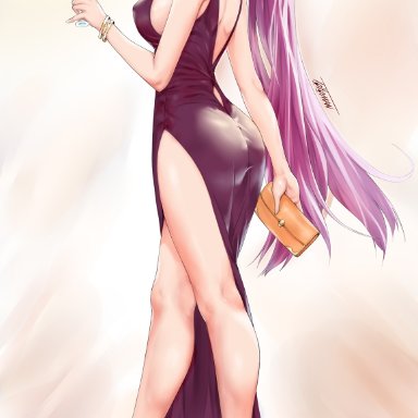 1girls, alcohol, alternate costume, ass, bag, bangle, bare arms, bare legs, bare shoulders, black footwear, black ribbon, blush, bracelet, breasts, champagne