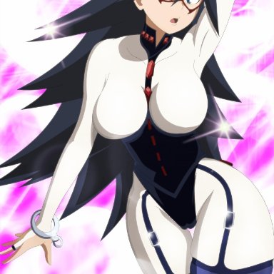 arm behind head, big breasts, black hair, camel toe, cameltoe, clothed, fully clothed, kami otaku, looking at viewer, midnight (my hero academia), skin tight suit