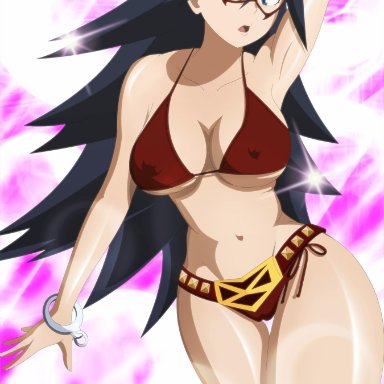 arm behind head, big breasts, bikini, bikini top, black hair, camel toe, cameltoe, kami otaku, looking at viewer, midnight (my hero academia), nipple bulge, pokies