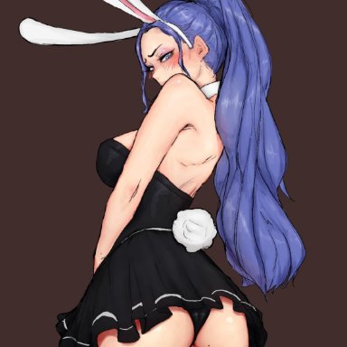 1girls, alternate breast size, alternate costume, alternate hairstyle, ass, big ass, big butt, birthmark, blue eyes, blue hair, blush, brown hair, bunny ears, bunny girl, bunny tail