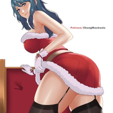 1girls, alternate costume, armpits, artist name, ass, bare arms, bare thighs, blue eyes, blue hair, breasts, byleth (female), byleth (fire emblem), byleth (fire emblem) (female), chair, christmas
