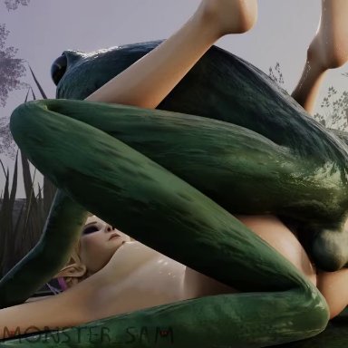 3d, animated, bestiality, blender, defeated, female, frog, helpless, human on feral, interspecies, mating press, monster, monster sam, nature, penetration