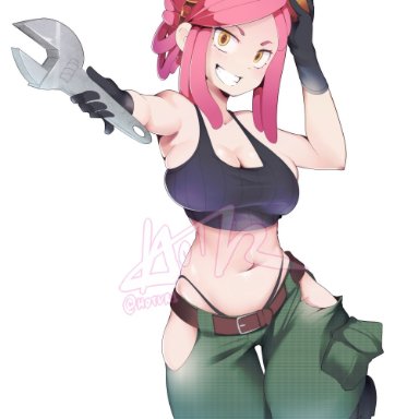 1girls, belt, female, female only, gloves, grin, high resolution, holding wrench, hotvr, mei hatsume, midriff, my hero academia, pink hair, smile, solo